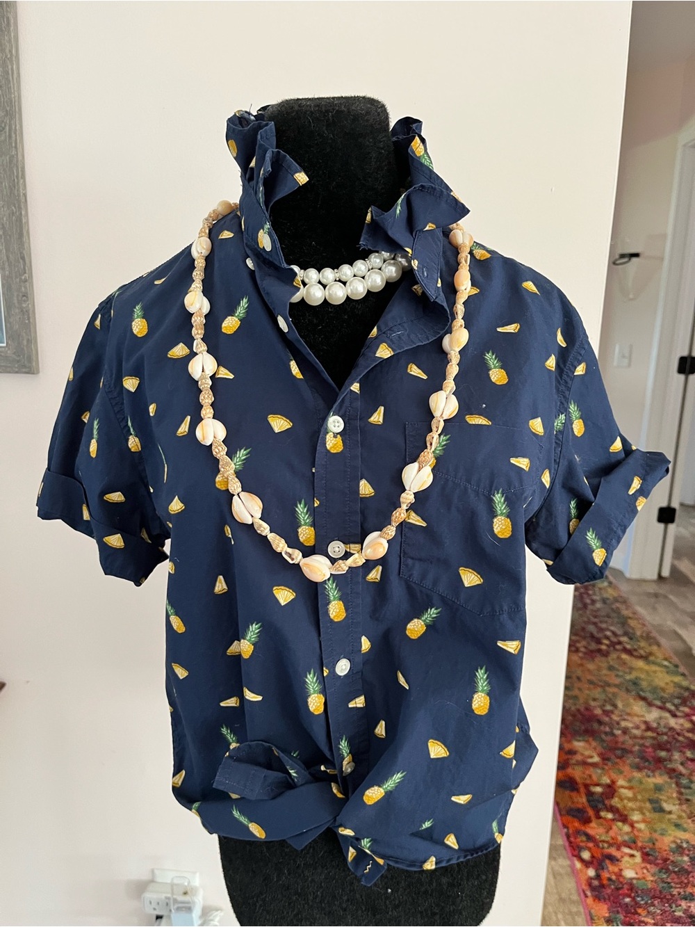 Enhanced Banana Republic Navy Blue Pineapple Print Ruffle Collar Shirt - Picture 2 of 7